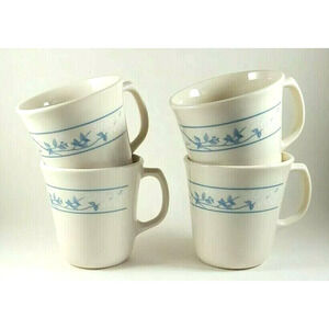 4 Vintage Corelle First Of Spring Coffee Tea Mugs White Blue Floral CorningWare